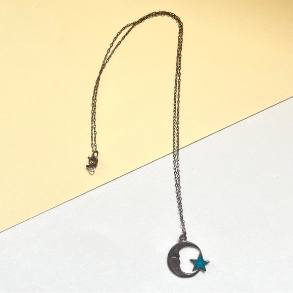 1990s vintage silver and blue star moon delicate thin necklace - Picture 2 of 11